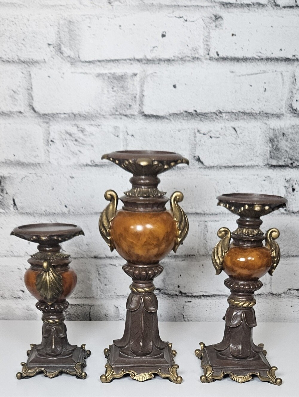 Set of 3 Ornate Tuscan Pillar Candle Holders Brown Gold Urn Pedestal Decor
